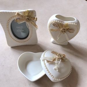 Set of 3, frame, vase and trinket box. Bone with gold accents.